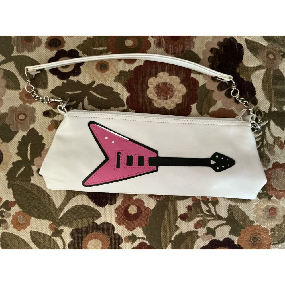 Lux De Ville White Vinyl Guitar Bag Pink Flying V Rockabilly Pinup Purse Chain S